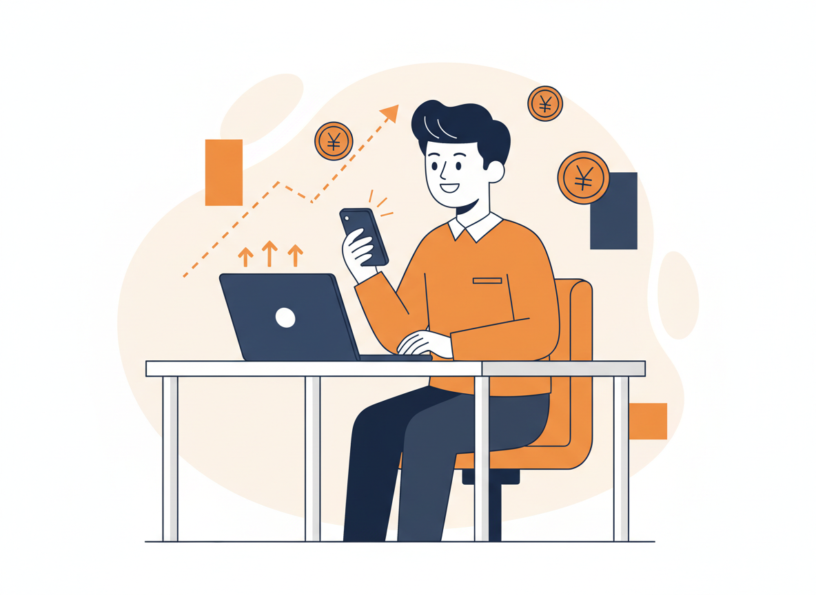 ノートPCとスマホを見て笑顔の人物とコイン・グラフのイラスト