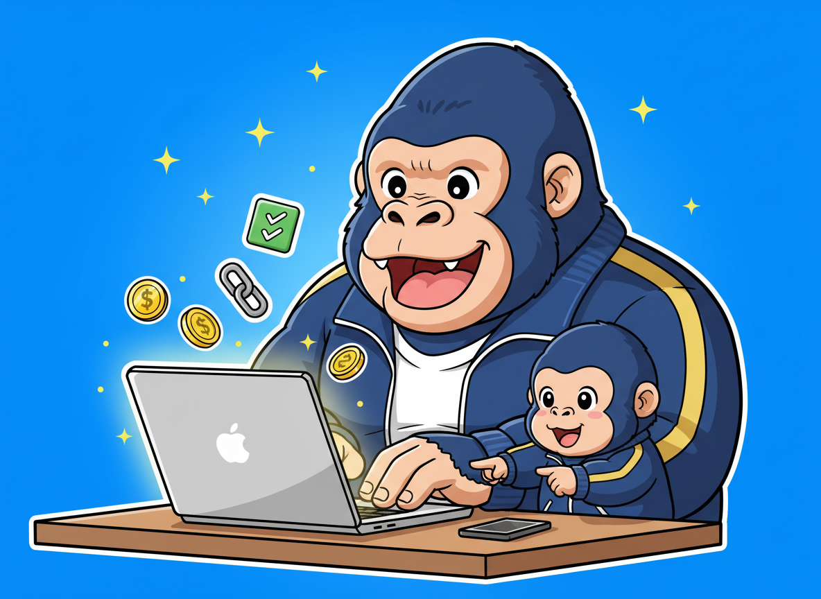 ゴリラとミニゴリラがノートパソコンでA8.netの登録を進めているイラスト