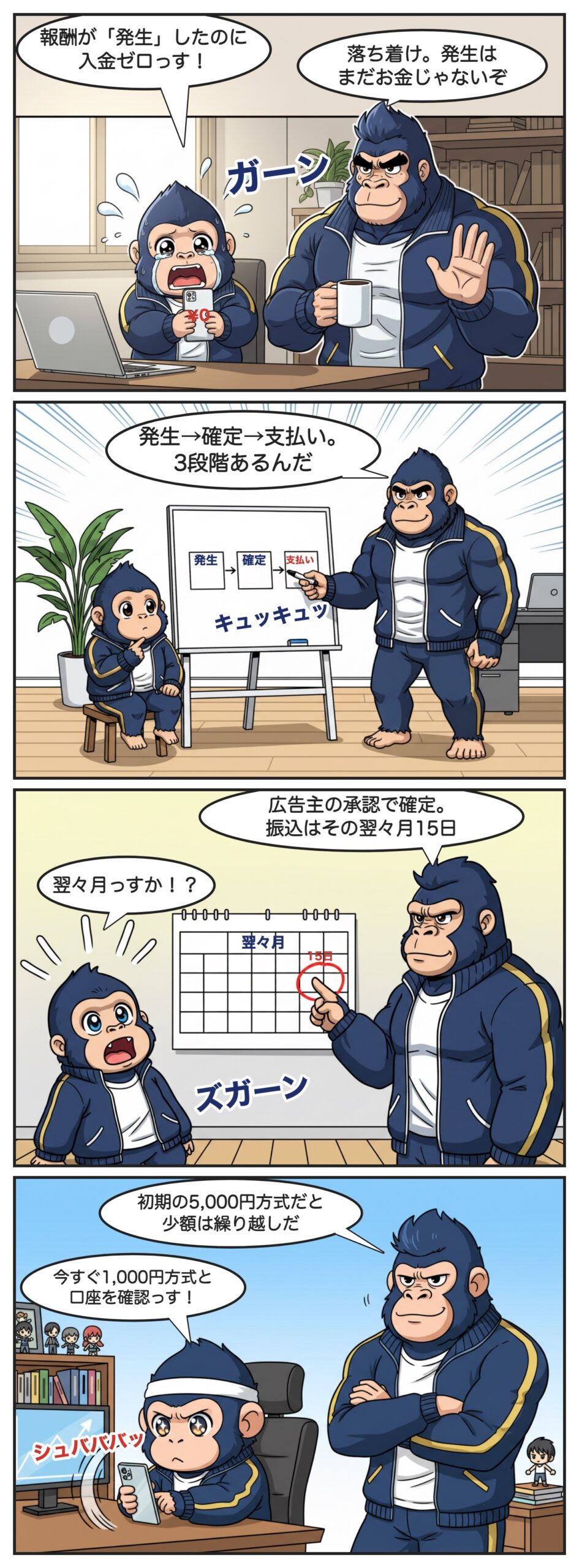 4コマ漫画。報酬が発生したのに入金ゼロとあわてるミニゴリラに、ゴリラが「発生→確定→支払い」の3段階と、振込は確定した月の翌々月15日だと説明。初期の5,000円支払方式では少額が繰り越されると聞き、ミニゴリラが1,000円方式と口座をすぐ確認する。
