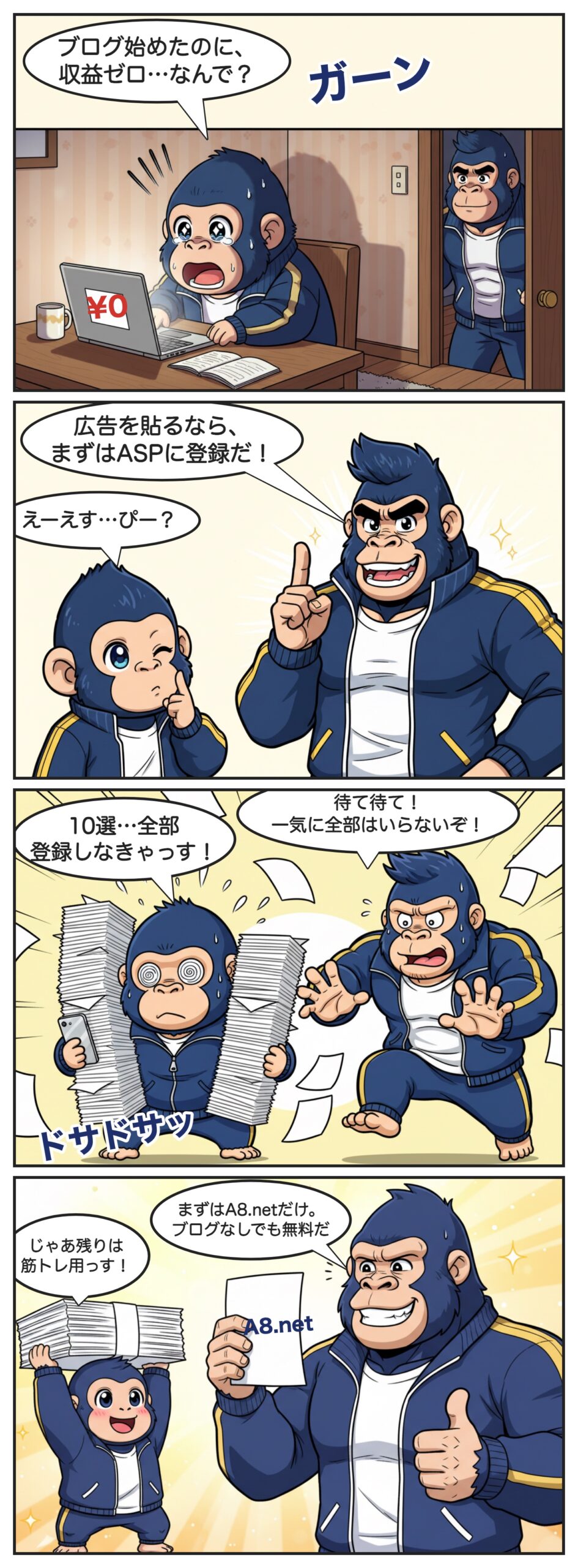 4コマ漫画：収益ゼロで落ち込むミニゴリラに、ゴリラがASPを教える。「おすすめASP10選」を全部登録しようとするミニゴリラを止めて、「まずはA8.netだけ。ブログなしでも無料だ」と教える