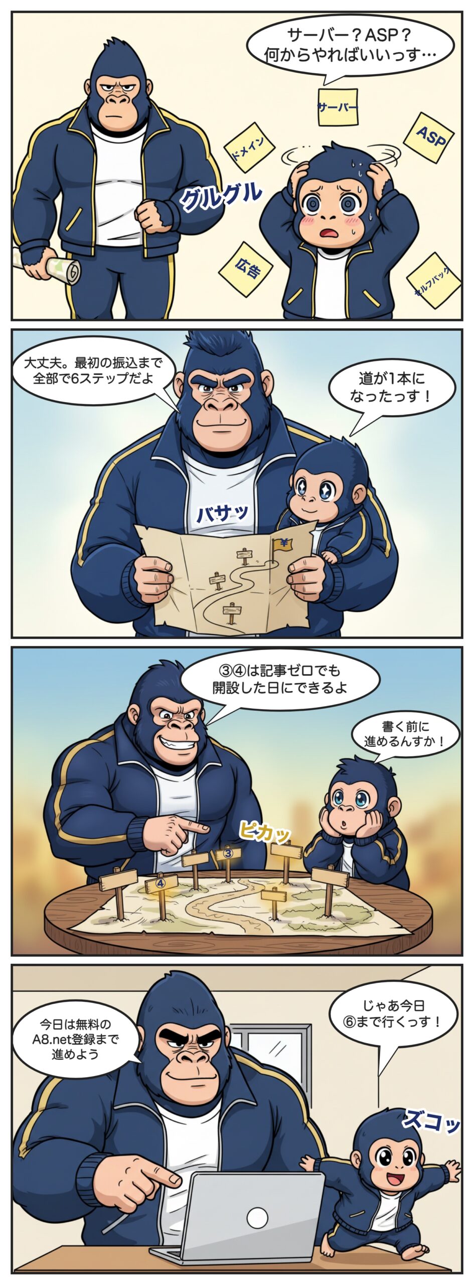 4コマ漫画。サーバー、ドメイン、ASPなど、やることが多すぎて混乱するミニゴリラに、ゴリラが地図を広げて「最初の振込まで全部で6ステップ」と教える。③A8.net登録と④セルフバックは記事ゼロでも開設日にできると知って驚くミニゴリラ。「今日⑥まで行く」とはしゃぐミニゴリラを止めて、ゴリラが「今日は無料のA8.net登録まで進めよう」と声をかける。