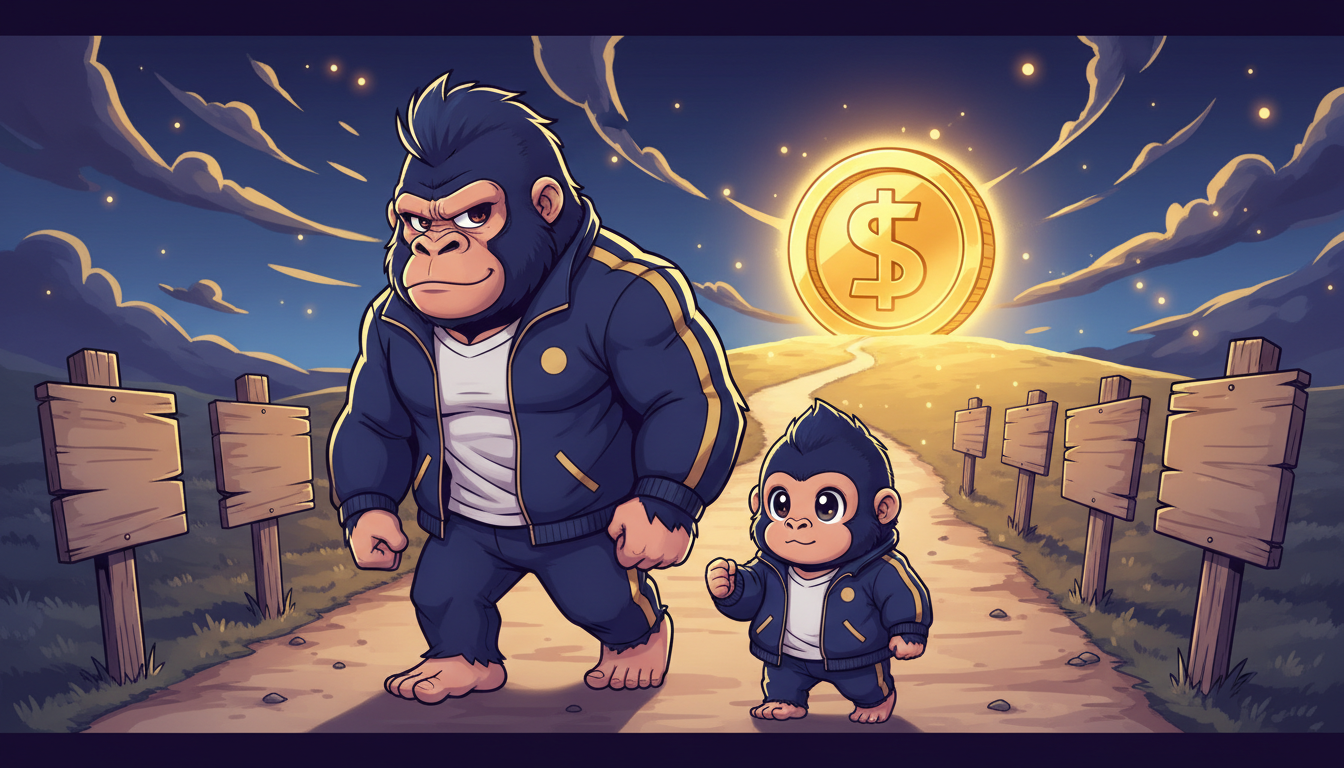 紺色のゴリラとミニゴリラが、6つの道しるべが並ぶ道の先にある金色のコインを目指して歩くイラスト
